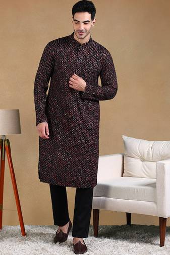 Men black viscose rayon geometric dyed straight kurta with trousers