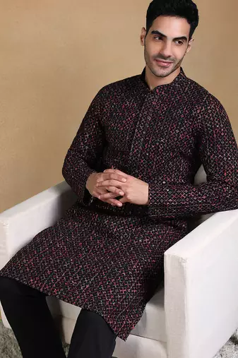 Men black viscose rayon geometric dyed straight kurta with trousers