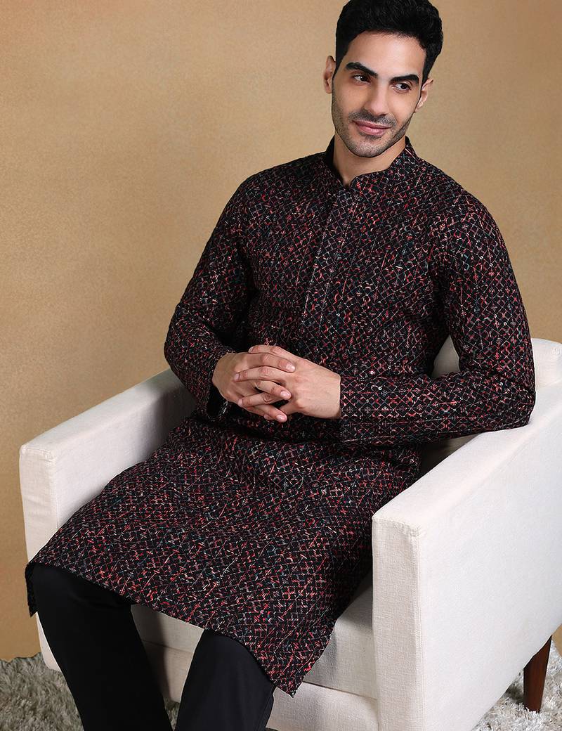 Men black viscose rayon geometric dyed straight kurta with trousers