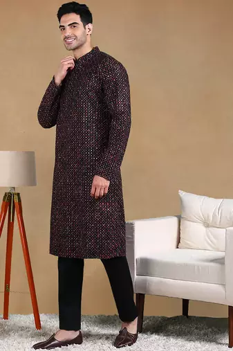Men black viscose rayon geometric dyed straight kurta with trousers