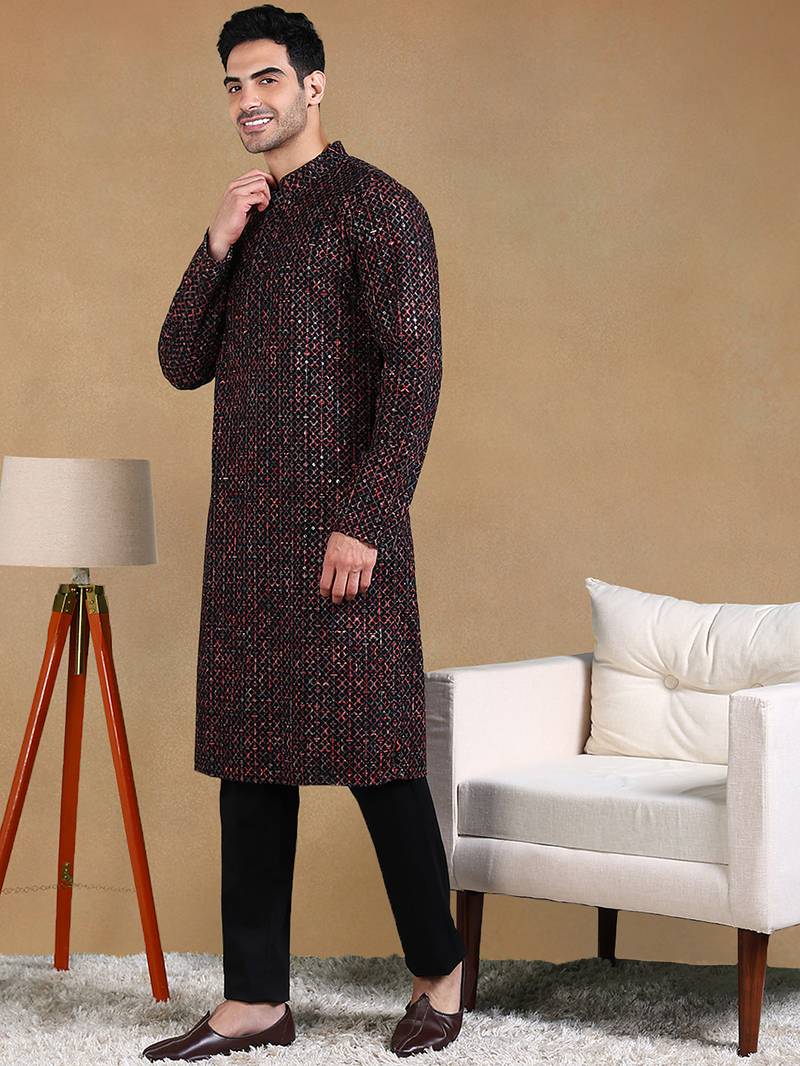 Men black viscose rayon geometric dyed straight kurta with trousers