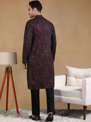 Men black viscose rayon geometric dyed straight kurta with trousers 4