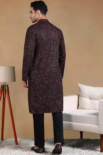Men black viscose rayon geometric dyed straight kurta with trousers