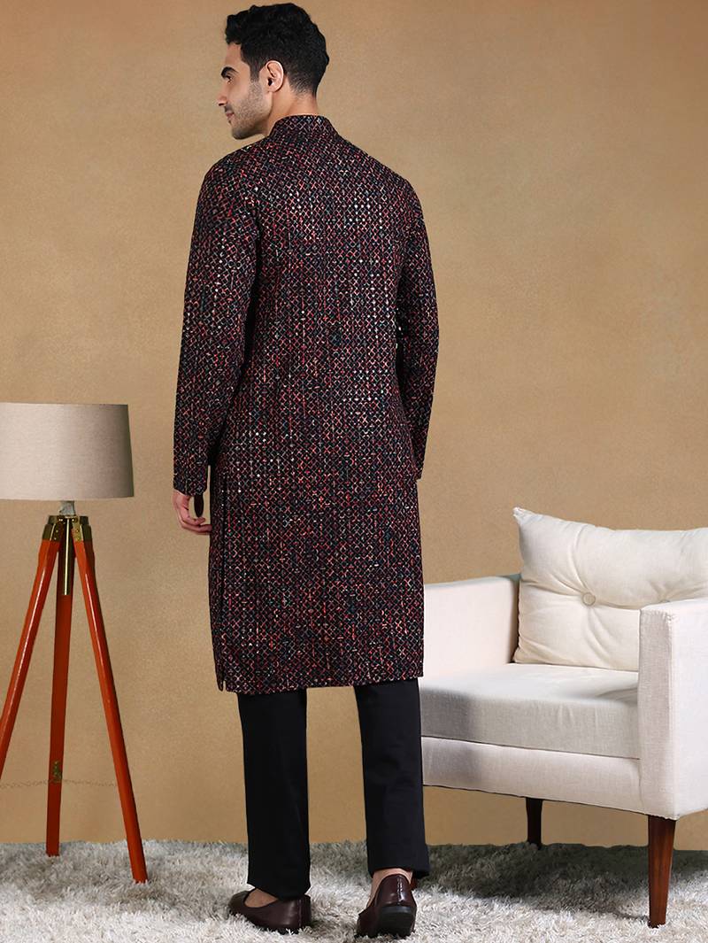 Men black viscose rayon geometric dyed straight kurta with trousers