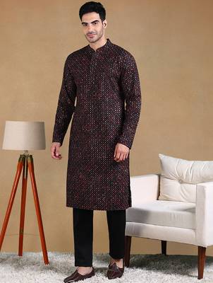 Men black viscose rayon geometric dyed straight kurta with trousers 5