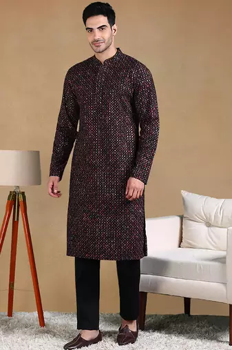 Men black viscose rayon geometric dyed straight kurta with trousers