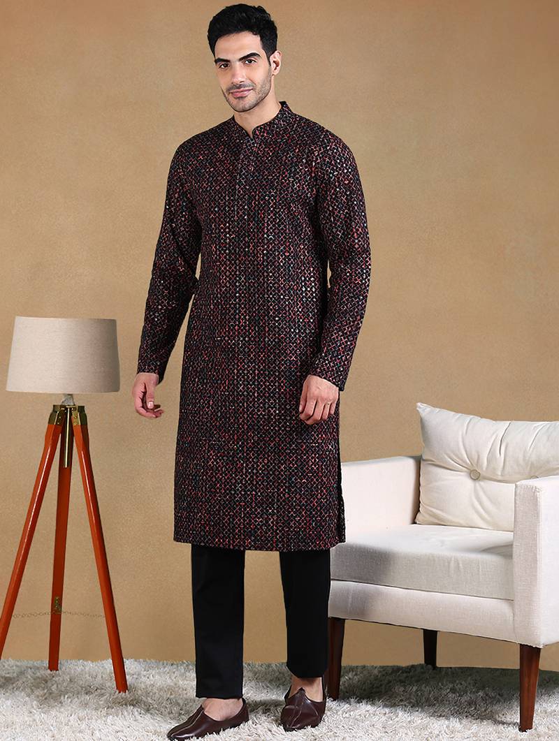 Men black viscose rayon geometric dyed straight kurta with trousers
