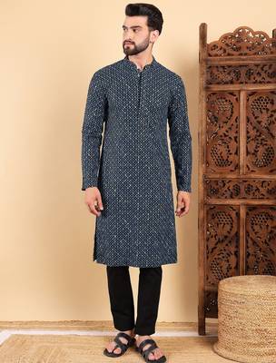 Men blue viscose rayon solid dyed straight kurta with trouser 1
