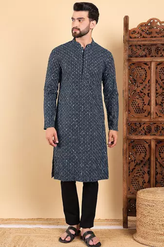 Men blue viscose rayon solid dyed straight kurta with trouser