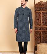 Men blue viscose rayon solid dyed straight kurta with trouser