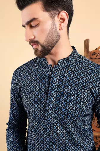 Men blue viscose rayon solid dyed straight kurta with trouser