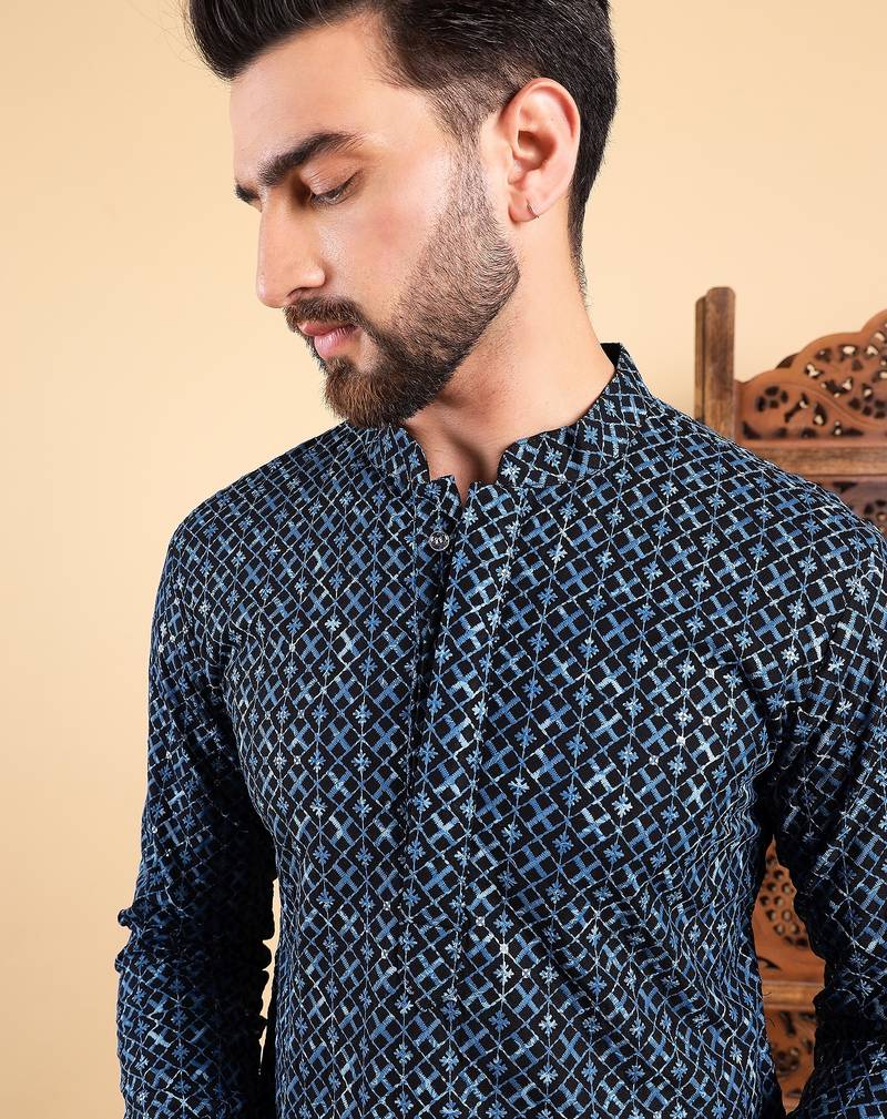 Men blue viscose rayon solid dyed straight kurta with trouser
