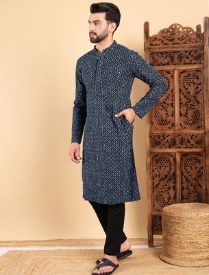 Men blue viscose rayon solid dyed straight kurta with trouser 3