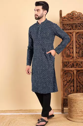 Men blue viscose rayon solid dyed straight kurta with trouser