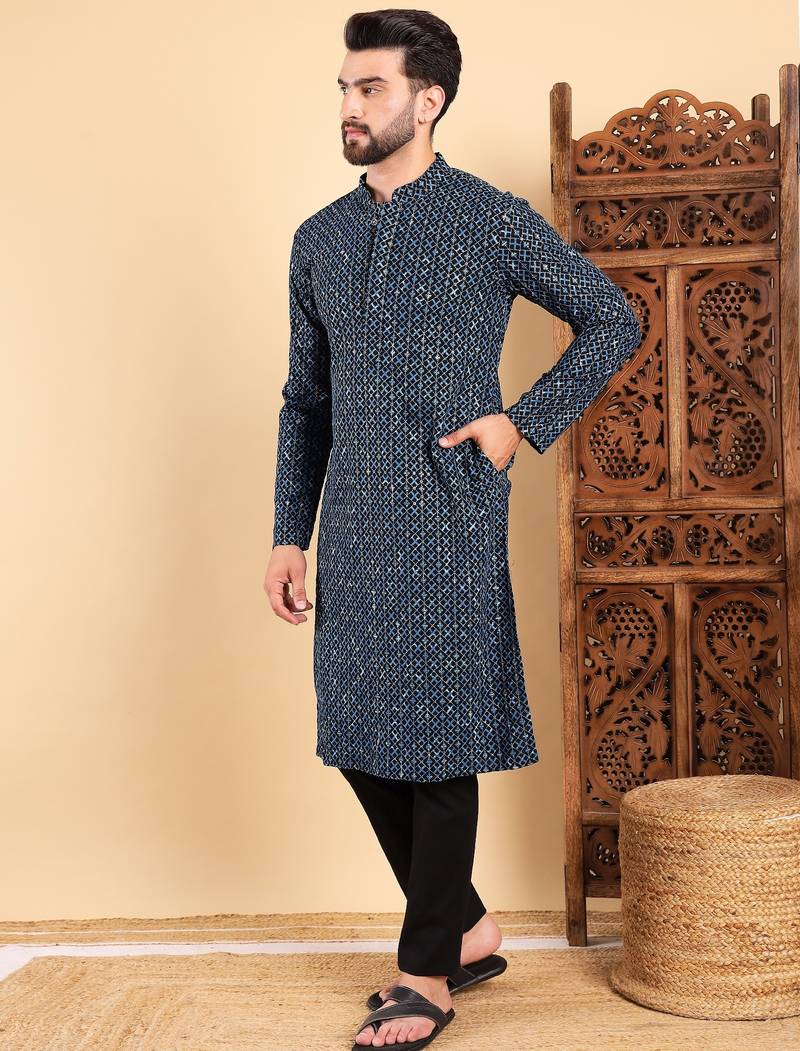 Men blue viscose rayon solid dyed straight kurta with trouser