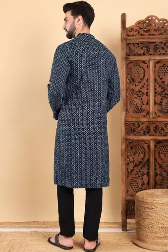 Men blue viscose rayon solid dyed straight kurta with trouser
