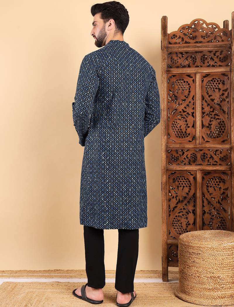 Men blue viscose rayon solid dyed straight kurta with trouser