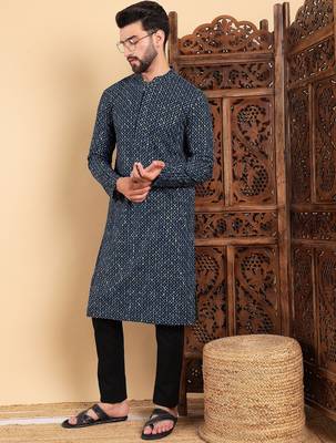 Men blue viscose rayon solid dyed straight kurta with trouser 5