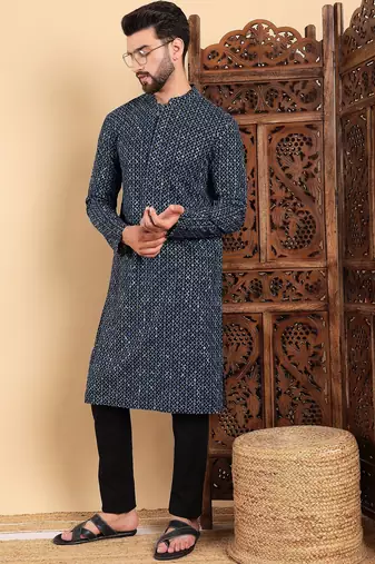 Men blue viscose rayon solid dyed straight kurta with trouser