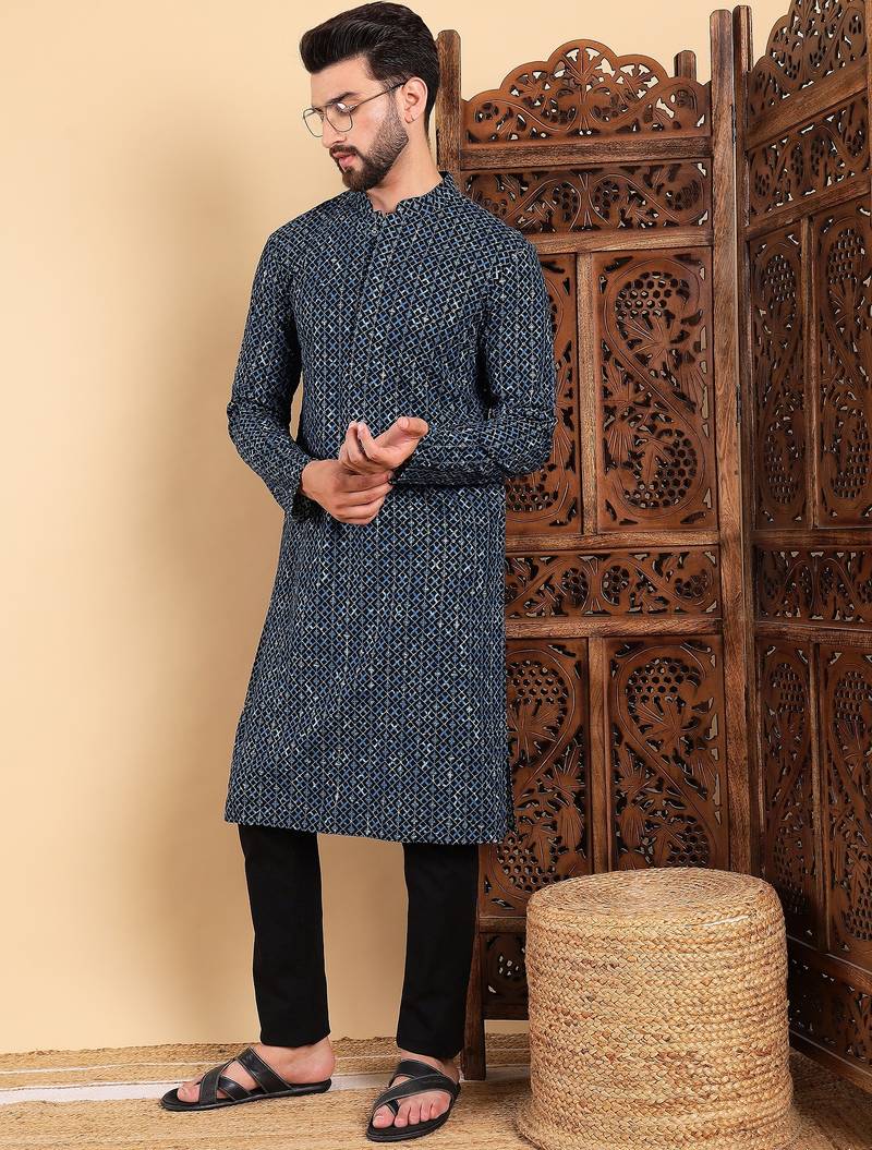 Men blue viscose rayon solid dyed straight kurta with trouser