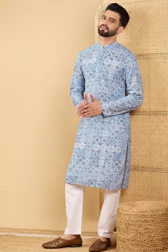 Men blue viscose rayon geometric embroidered straight kurta with trouser