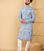 Men blue viscose rayon geometric embroidered straight kurta with trouser