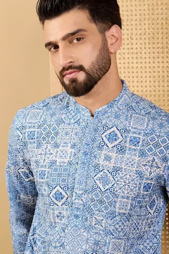 Men blue viscose rayon geometric embroidered straight kurta with trouser
