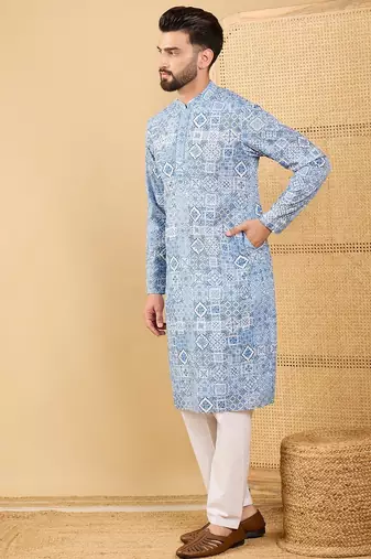 Men blue viscose rayon geometric embroidered straight kurta with trouser