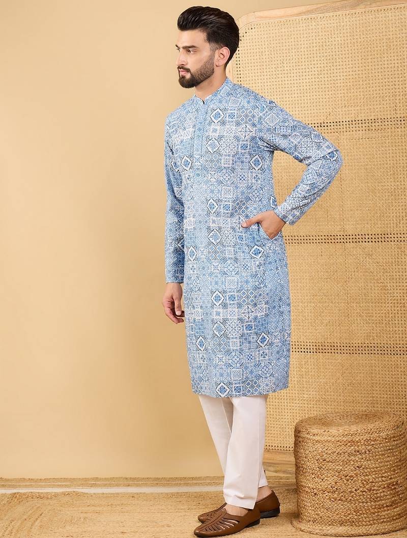 Men blue viscose rayon geometric embroidered straight kurta with trouser