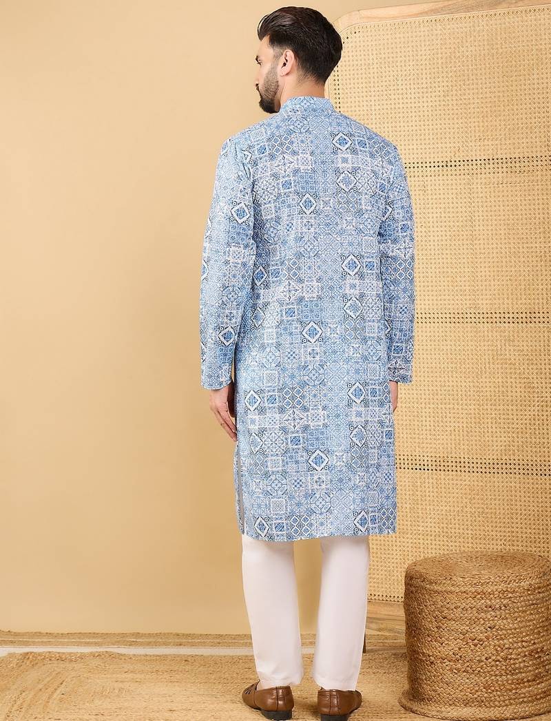 Men blue viscose rayon geometric embroidered straight kurta with trouser