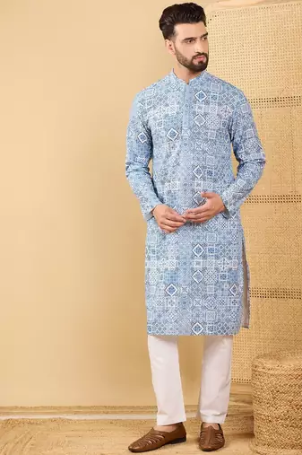 Men blue viscose rayon geometric embroidered straight kurta with trouser