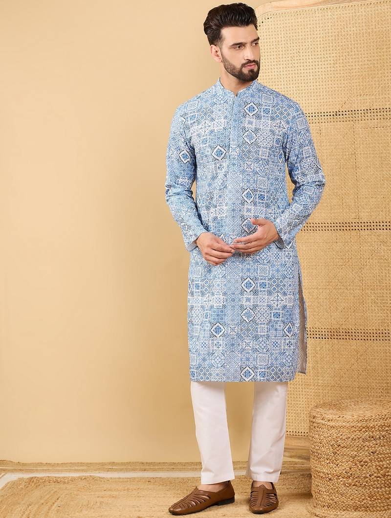 Men blue viscose rayon geometric embroidered straight kurta with trouser
