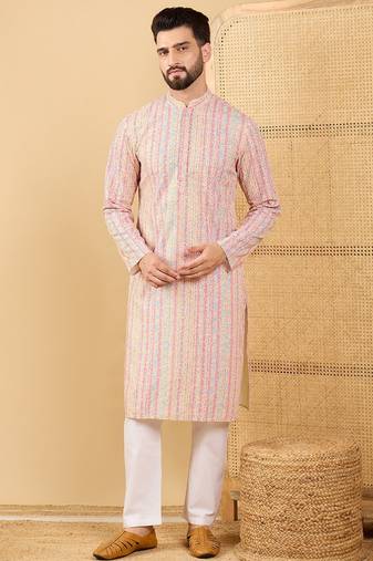 Men multi viscose rayon striped embroidered straight kurta with trouser
