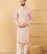 Men multi viscose rayon striped embroidered straight kurta with trouser