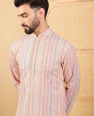 Men multi viscose rayon striped embroidered straight kurta with trouser 2