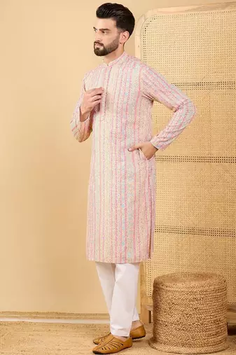 Men multi viscose rayon striped embroidered straight kurta with trouser