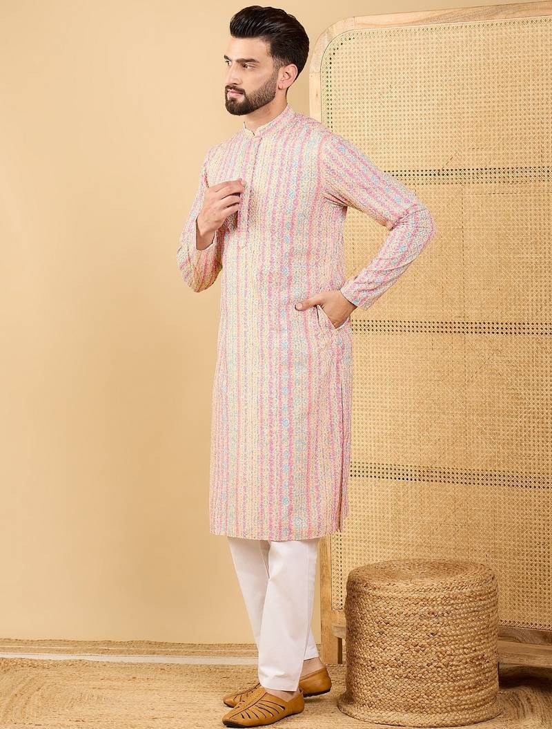 Men multi viscose rayon striped embroidered straight kurta with trouser