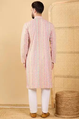 Men multi viscose rayon striped embroidered straight kurta with trouser