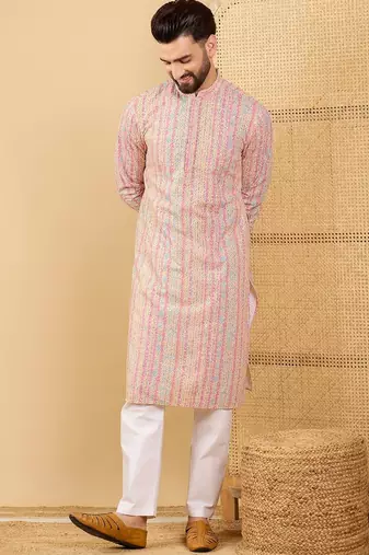 Men multi viscose rayon striped embroidered straight kurta with trouser