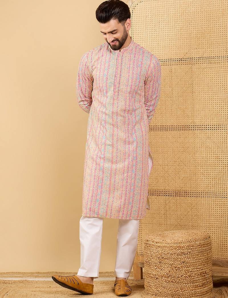 Men multi viscose rayon striped embroidered straight kurta with trouser