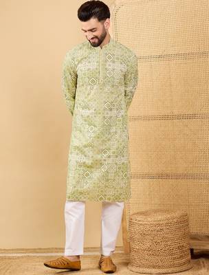 Men olive viscose rayon geometric embroidered straight kurta with trouser 1