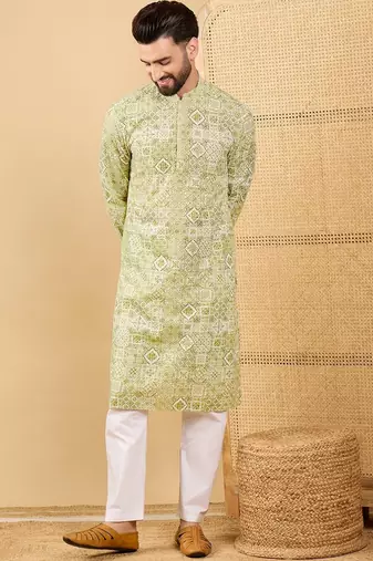 Men olive viscose rayon geometric embroidered straight kurta with trouser
