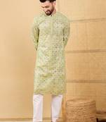 Men olive viscose rayon geometric embroidered straight kurta with trouser