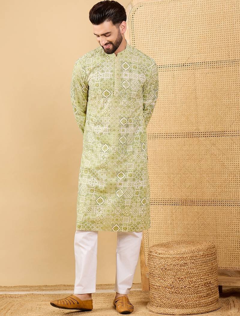 Men olive viscose rayon geometric embroidered straight kurta with trouser