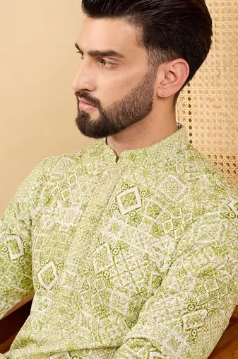 Men olive viscose rayon geometric embroidered straight kurta with trouser
