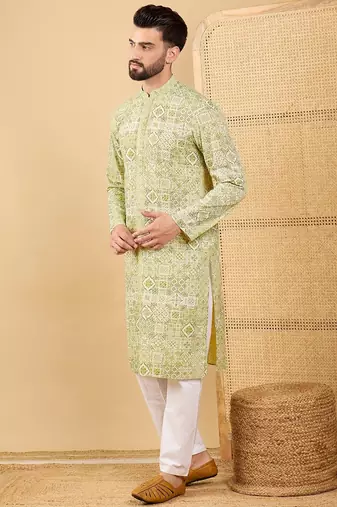 Men olive viscose rayon geometric embroidered straight kurta with trouser