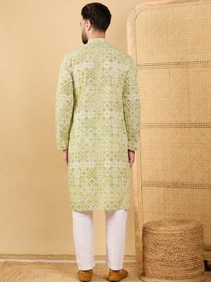 Men olive viscose rayon geometric embroidered straight kurta with trouser 4