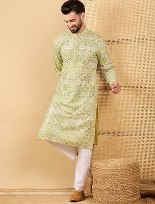 Men olive viscose rayon geometric embroidered straight kurta with trouser 5
