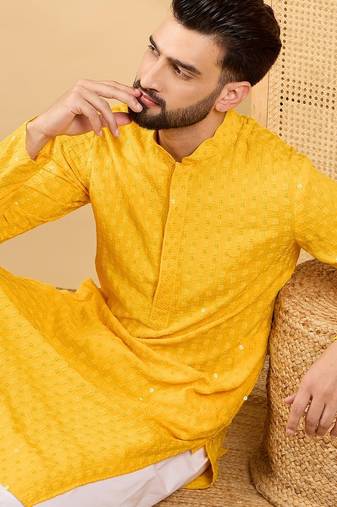 Men yellow viscose rayon solid embroidered straight kurta with trousers