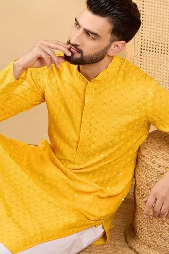 Men yellow viscose rayon solid embroidered straight kurta with trousers